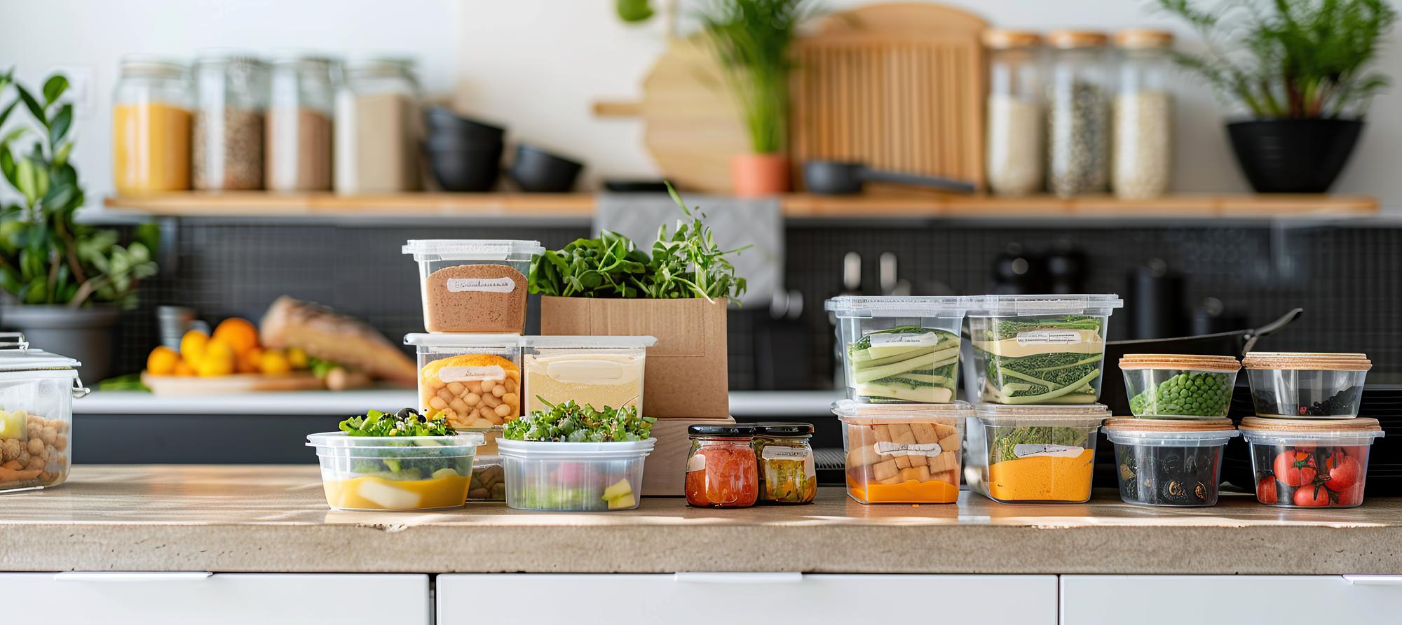 Organized kitchen counter with meal prep boxes