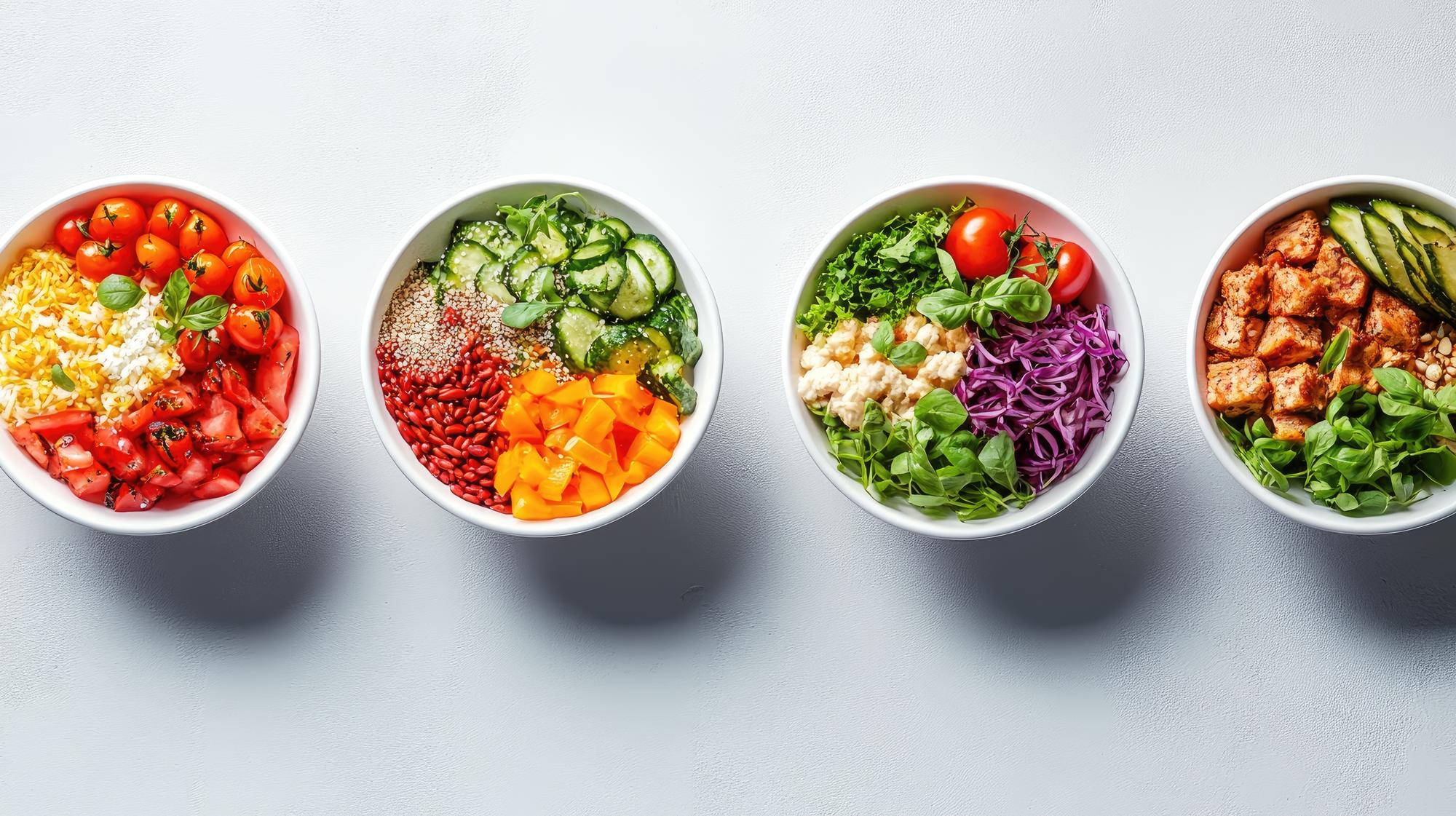 Meal prep bowls with colorful salads